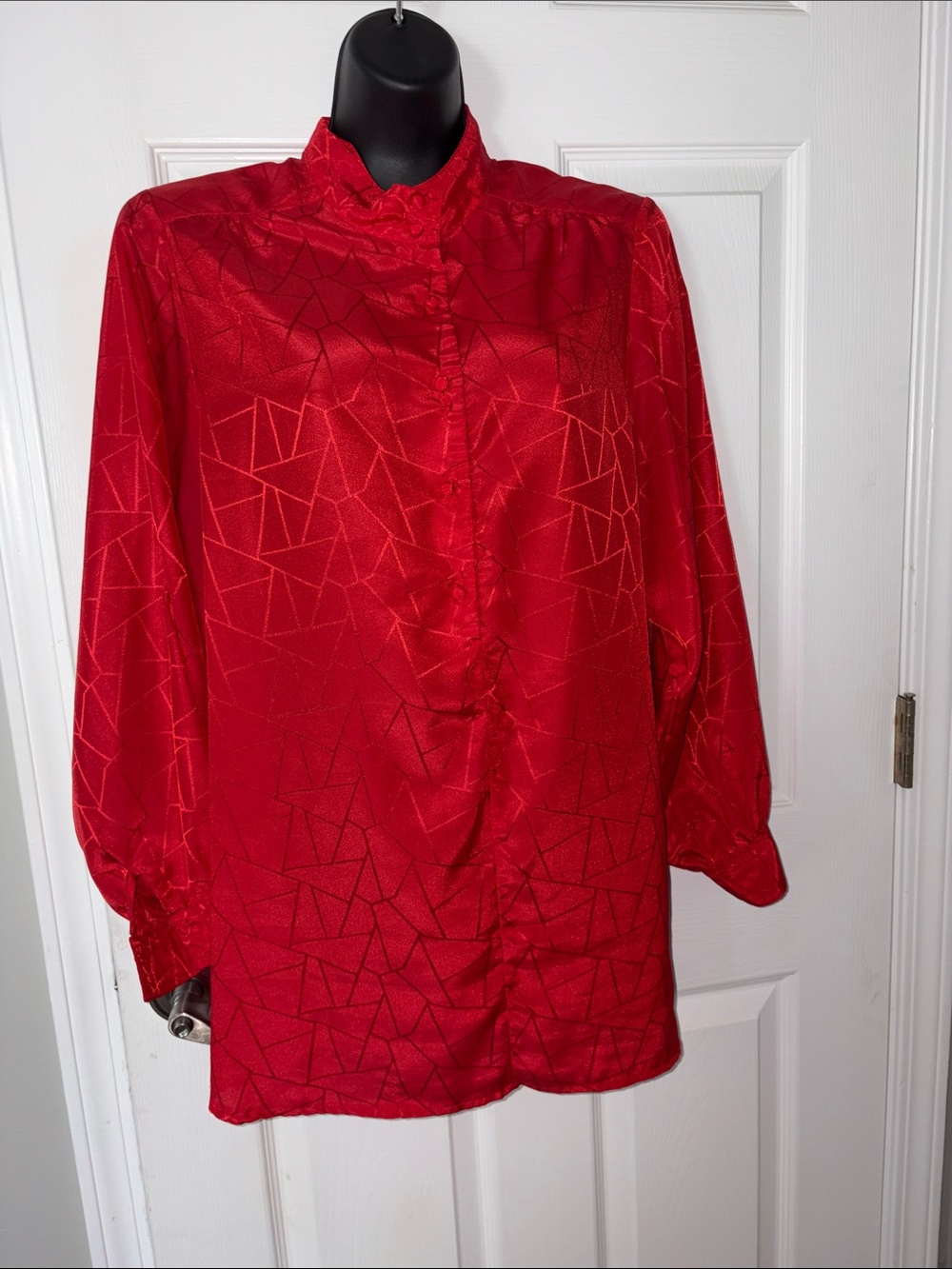 Red Geometric Satin Blouse - Women's half Button-Up Top